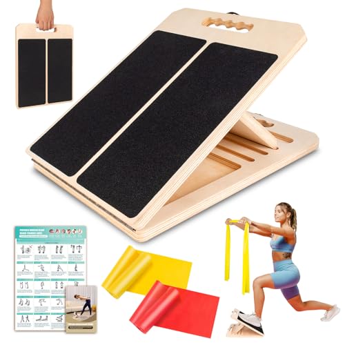 Calf Stretch Slant Board with Resistance Band, 300lb Portable Incline Board | Training Poster, Non-Slip Adjustable Wood Calf Mobility Board for Legs, Ankles, Knees, Heels, Physical Therapy and Stretching