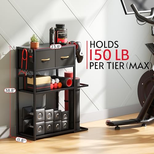 Home Gym Storage Rack, Adjustable 4-Tier with Extra Drawer