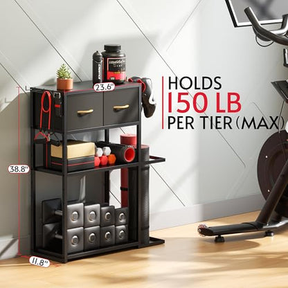 Home Gym Storage Rack, Adjustable 4-Tier with Extra Drawer