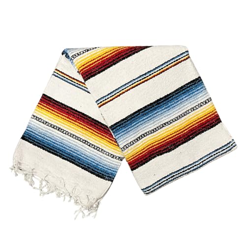 Striped Mexican Baja Blanket - Handmade Serape Throw in Soft Durable Woven Cotton Blend - Great for Beach, Yoga, Camping, Festivals and Home (Pacifico Blanca (White)) - color: Pacifico Blanca (White)