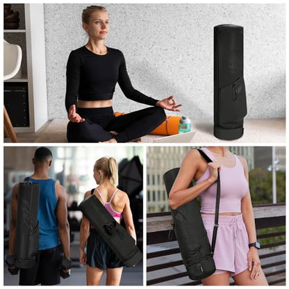 sportsnew Yoga Mat Bag Drawstring Pocket-Full Zip Cargo Yoga Mat Carrier Bag with Water Bottle Pocket and Bottom Wet Pocket Exercise Yoga Mat Carrier Multi-Functional Storage Bag, Blue & Black