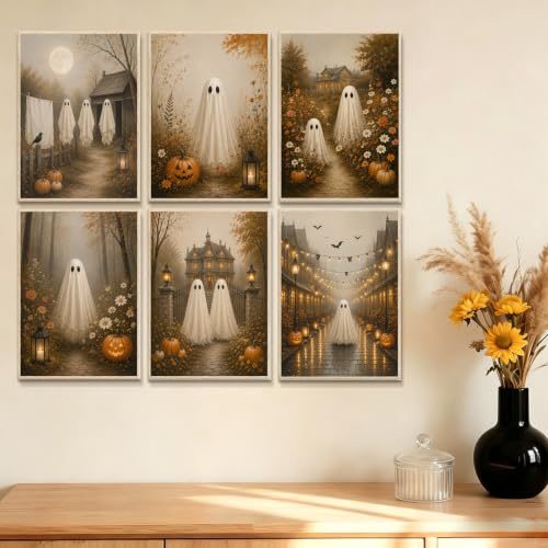 KBKBART 6pcs Halloween Poster Cute Ghost Country Landscape Prints 8x10 inch | Canvas Wall Art Print Pictures Unframed, Ghosts Fall Landscape Paintings, for Bedroom Living Room Dorm, Halloween Posters - color: Halloween Ghost