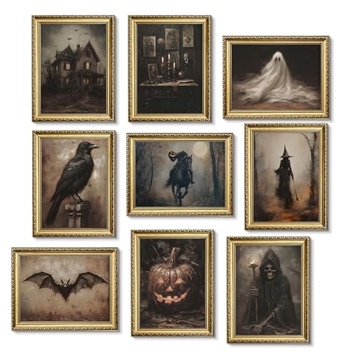 Halloween Posters Wall Art Set of 9, Dark Academia Headless Horseman Wall Decor, Gothic Moody Ghost Paintings, Spooky Witch Raven Canvas Prints Pictures for Living Room Bedroom 8x10 Inch Unframed - color: Dark Halloween, size: 10"L x 8"W