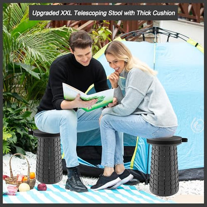 ALEVMOOM Upgraded XXL 19.7" Collapsible Stool with Cushion, Heavy Duty Portable Folding Stool Max Load 1000 lbs, Retractable Telescoping Foldable Seat Chair for Camping Fishing Travel - color: Black
