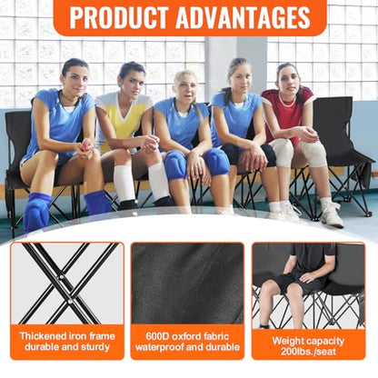VEVOR Portable Folding B ench, 6 Seats Foldable Sideline B ench, Outdoor Camping Bench Chair with Carry Bag & Backrest, Team Sport Sideline B ench, No Assembly Instant Seating, Black | Lightweight Foldable Sideline Seating with Side Pockets, Carrying Bag,