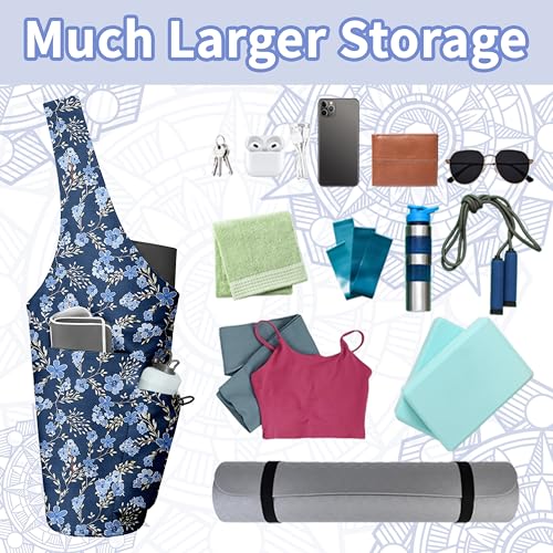 Yoga Bag for Women, Large Yoga Mat Bag Tote Carrier with Wet Dry Pocket | Water Bottle Holder & Adjustable Strap, Fits 1/2" Thick Yoga Mat for Gym, Pilates, Travel, Work - color: Blue Flower