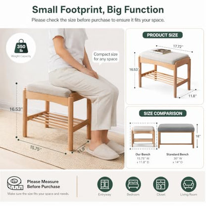 Solid Wood Shoe Bench, Small Entryway Bench with Light Gray Cushion - color: Natural + Light Gray Cushion, size: 17.71"