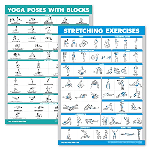Palace Learning 2 Pack - Yoga Block Poses + Stretching Exercise Poster Set - Yoga Positions with Blocks Chart - Set of Two Fitness Charts