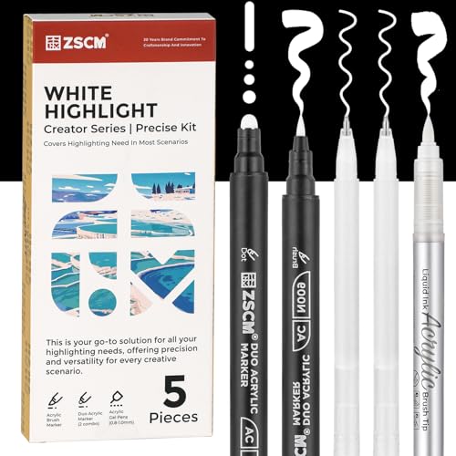 5 White Acrylic Pens Set, White Gel Pens, Dual-Tip Acrylic Paint Markers | Opaque Brush Tip White Acrylic Markers for Black Paper Drawing, Sketching, Illustration, Card Making - color: 5 Packs-White