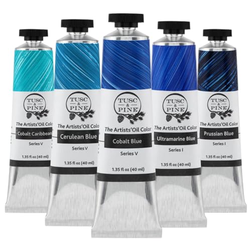 Tusc & Pine Artist Oil Paint - 40 ml Set of 5 - Ocean Blues - Non-Yellowing, Rich & Creamy Consistency, Maximum Pigment Load, Small Batch Milled Oil Paints Developed for Professional Artists - color: Ocean Blues, size: 6.75 Fl Oz (Pack of 1)