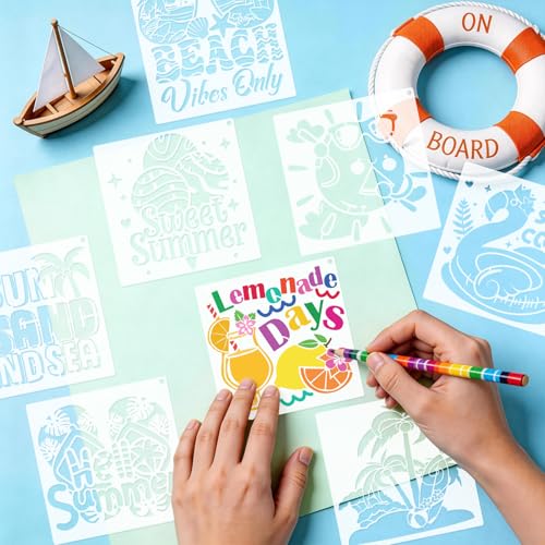 Konsait 16 Pack Summer Stencils, 6" Reusable Hello Summer Palm Tree Sun Tropical Animals Beach Stencils for Painting, DIY Crafts, Wall, Wood, Shirts, Canvas and More