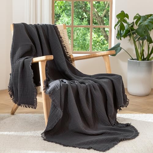 MooMee 100% Cotton Muslin Blanket, Fringed 4-Layer Gauze Bed Couch Throw - color: Dark Grey, size: Throw XL