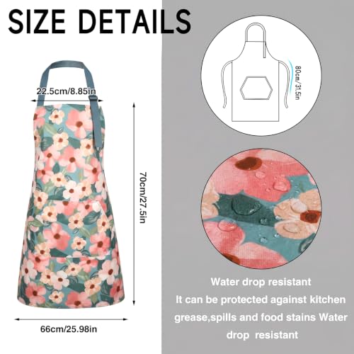 BOUMUSOE 3 Pack Floral Aprons with Pocket, Blooming Womens Aprons | Waterproof Adjustable Cooking Aprons for Kitchen Gardening and Salon - color: Orange, Green, Pink