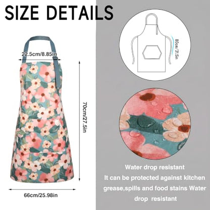 BOUMUSOE 3 Pack Floral Aprons with Pocket, Blooming Womens Aprons | Waterproof Adjustable Cooking Aprons for Kitchen Gardening and Salon - color: Orange, Green, Pink