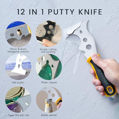 VOOMEY Putty Knife Set, 3PCS Paint Scraper Tool Kit with 12-in-1 Painter's Tool, Stainless Steel Putty Knives for Drywall Repair, Spackle, Wallpaper Removal & Wall Patching
