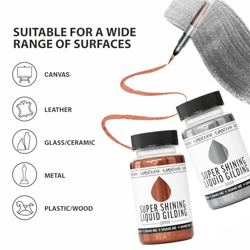 KAMENSKAYA Liquid Gold Leaf Paint - Alcohol Based Fast Drying Bright Gold Liquid Leaf, 3.38 fl oz (100 ml) | Liquid Leaf Paint with Natural Metallic Pigment, Strong Shine, Pen Brush & Funnel, One-Coat Coverage – Made in EU - color: Bright Gold, size: 3.38