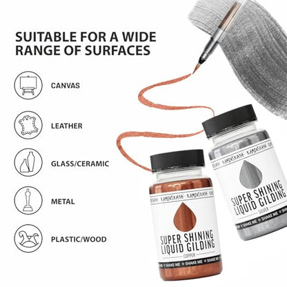 KAMENSKAYA Liquid Gold Leaf Paint - Alcohol Based Fast Drying Bright Gold Liquid Leaf, 3.38 fl oz (100 ml) | Liquid Leaf Paint with Natural Metallic Pigment, Strong Shine, Pen Brush & Funnel, One-Coat Coverage – Made in EU - color: Bright Gold, size: 3.38