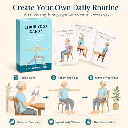 Oversized Chair Yoga Cards for Seniors, 53 Seated Yoga & Stretch Poses, Large-Print Step-by-Step Exercise Deck with Storage Box, Low-Impact Mobility & Flexibility Workouts for Older Adults