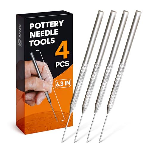 KETAR 4 Pcs Pottery ToolsTips, 6.3 Inch, Stainless Steel, Knurled Grip | Pottery Needle Tool Set; Non-Slip Grip, Protective Sleeve; Needle Tools for Clay; for Ceramics, Sculpting, and DIY Carving