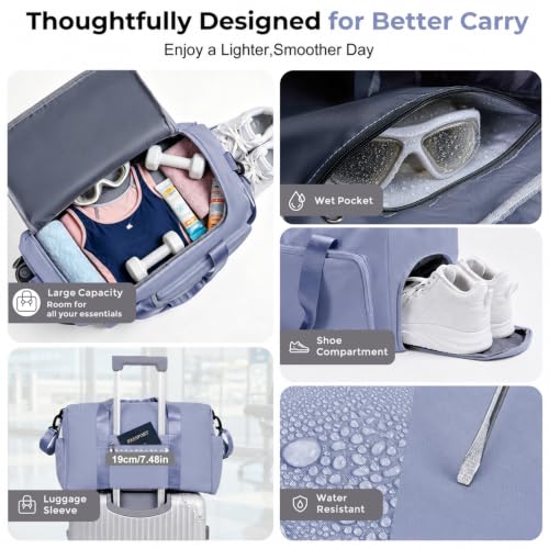 FIORETTO Women's Gym Duffle Bag with Shoes Compartment, 30L Capacity, Ideal for Travel, Gym, Sports, Duffel, Weekender - color: Grayish Blue, style: Gym Bag