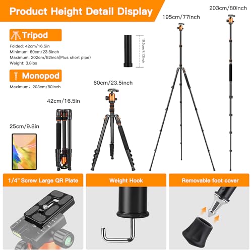 82" Tall Camera Tripod Heavy Duty, Aluminum Monopod for Photography Travel | Professional & Compact, 360 Metal Ball Head, 30lbs Load Capacity for Phone, DSLR, Spotting Scope,Telescope, Binocular - color: Orange, size: 82inch