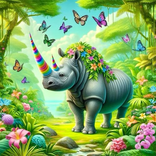 WSLWXSHM Diamond Painting Kits for Adults Rhinoceros and Butterfly, Round Full Drill Diamond Art Kits, 5D DIY Paint with Diamonds Crafts for Home Wall Decoration Gifts 12×12Inch, Animal - color: Rhinoceros