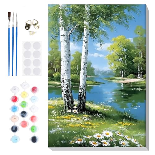 Bowetile Framed Paint by Numbers Landscape Kit for Adults, Adults' Paint-by-Number Kits on Canvas, Painting by Numbers Birch Tree, Acrylic Number Painting Gifts for Home Wall Decor, 8x12in - color: Landscape, Birch Tree