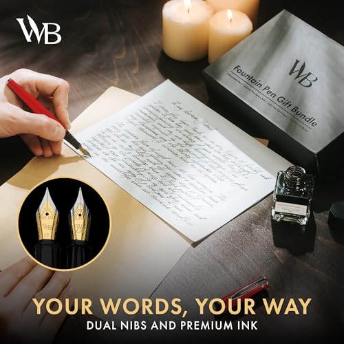 Wordsworth & Black Fountain Pen Gift Set, Medium & Extra Fine Nib, Red | For Men & Women, Brass Body, 18K German Iridium, Ink Bottle + 6 Cartridges, Converter, Writing & Calligraphy, Journaling - color: Red Chrome