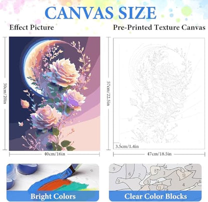 ZRIZQ Paint by Numbers Kit for Adults Beginner,Flowers Moon,16x20 | Full set with wooden brushes,rolled canvas,rich paints.Calming activity.Beginner friendly.Just open and paint. - color: 16"X20"Rolled Canvas(Frameless)-Flowers 12