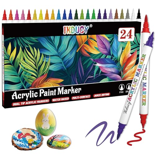 24 Colors Dual Tip Acrylic Paint Markers Set, Fine Tip and Brush Tip | Contain 10 Pages Coloring Paper, Perfect For Rocks, Wood, Canvas, Fabric, Glass, DIY Crafts, Classroom & School Supplies