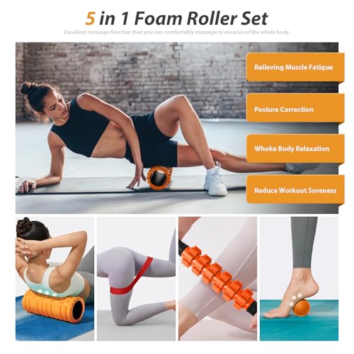 SUBCULTUREPICK 5-in-1 Foam Roller Set Trigger Point Exercise Foam Roller | High Density Deep Tissue Muscle Massage, Muscle Roller, Massage Ball, Stretching Strap, for Physical Therapy & Pain Relief - color: Orange-new