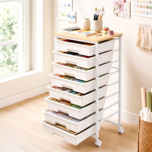 LEHOM Rolling Storage Cart with 8 Drawers, Utility Cart on Lockable Wheels | Metal Frame and Wooden Tabletop for Living Room Bedroom Dorm, Office Storage & Art Supply Craft Organizer for Classroom,White - color: White