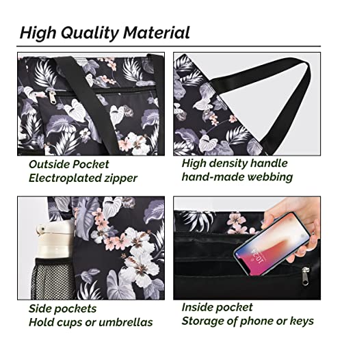 Buringer Large Waterproof Beach Bag for Women Sandproof Tote Bag with Zipper and Pockets Pool Bag for Travel Gym Vacation - color: Floral