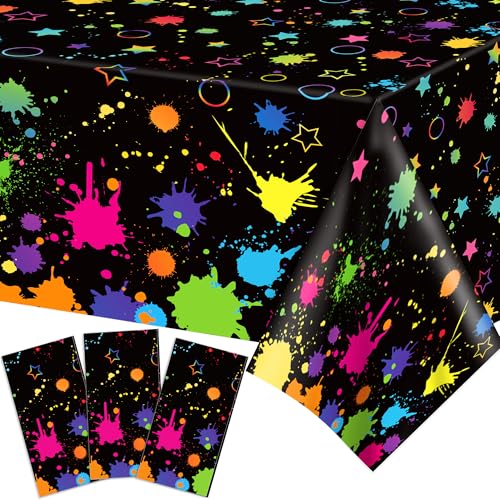 Adirasenotek 3Pcs Art Paint Party Tablecloth Birthday Tablecloth Plastic Table Cloth Disposable Table Cover for Art Party Decorations Neon Glow Black Light Birthday Baby Shower Supplies