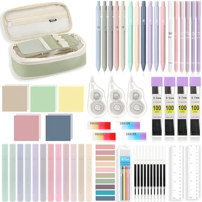 MoKo Pencil Case with Supplies, 60Pcs Aesthetic School Set, Green | Includes highlighters, gel and ballpoint pens, mechanical pencils, refills, sticky notes, correction tapes and rulers. - color: Green-60P