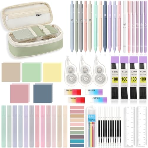 MoKo Pencil Case with Supplies, 60Pcs Aesthetic School Set, Green | Includes highlighters, gel and ballpoint pens, mechanical pencils, refills, sticky notes, correction tapes and rulers. - color: Green-60P