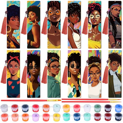 Kosiz 12 Pcs Black Women Paint by Number Kit for Adult Wood Bookmark | Mini Paint by Numbers Kit, Painting Decor, Tiny Tassels Blank Bookmarks, for Small DIY Craft Book Lovers Gift 7x2 '' - style: Black Women Theme