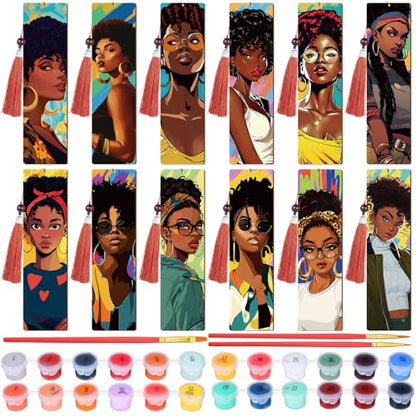 Kosiz 12 Pcs Black Women Paint by Number Kit for Adult Wood Bookmark | Mini Paint by Numbers Kit, Painting Decor, Tiny Tassels Blank Bookmarks, for Small DIY Craft Book Lovers Gift 7x2 '' - style: Black Women Theme
