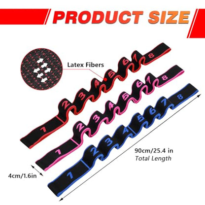 Fitness Stretch Belt, 8 Loop Resistance Band Elastic Training Strap with Numbered Markings for Full Body Workout Physical Therapy, Pilates, Dance & Home Fitness - color: Red Blue Pink