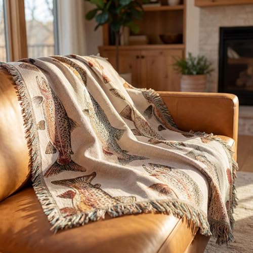 Moukeren 60 x 50 Inch Woven Tapestry Throw Blanket with Colorful Tassel, Rainbow Trout, Great Lakes Trout Fishing Gift, Fly Fishing Gift for Fisherman Dad or Husband - style: Rainbow Trout