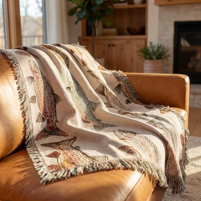 Moukeren 60 x 50 Inch Woven Tapestry Throw Blanket with Colorful Tassel, Rainbow Trout, Great Lakes Trout Fishing Gift, Fly Fishing Gift for Fisherman Dad or Husband - style: Rainbow Trout