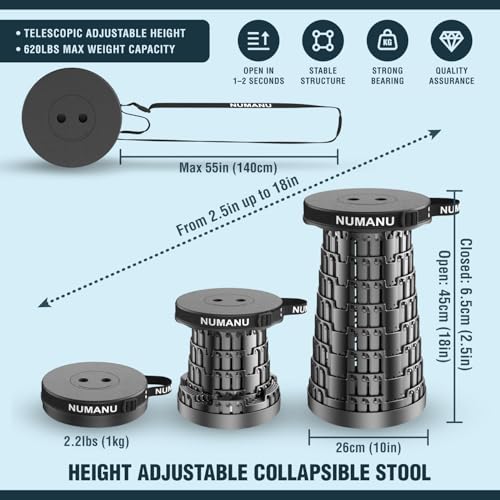 NUMANU Collapsible Stool for Adults, 3-in-1 Cushion + Bag, 620 lbs, Round | Heavy-Duty Telescoping Stool 2.5-18in, 3-in-1 Cushion Carry Bag + Drink Holder; Travel, Sports, Camping, Gardening - size: Round (Stool & 3IN1 Carry Bag)