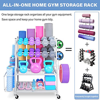 Dumbbell Rack - Weight Rack for Dumbbells, Home Gym Storage Rack for Yoga Mat, Dumbbells and Kettlebells, All in One Workout Equipment Storage with Caster Wheels (Hold Up to 450 Lbs)