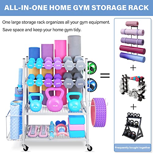 Dumbbell Rack - Weight Rack for Dumbbells, Home Gym Storage Rack for Yoga Mat, Dumbbells and Kettlebells, All in One Workout Equipment Storage with Caster Wheels (Hold Up to 450 Lbs)