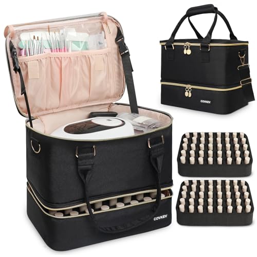 Covkev Nail Polish Organizer Hold 80 Bottles (15ml/0.5 fl.oz)& Nail Lamp, Double Layer Nail Bag Organizer Case with Handle, Large Nail Supplies& Kit Storage Case for Women Travel (Black& Golden)