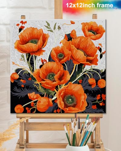 TOCARE Framed Paint by Numbers Kit for Adults Beginners, 12x12inch Red Poppy Paint by Number with Frame,Easy Flowers Paint by Numbers Framed Canvas (Without Easel) - color: TC-F-222