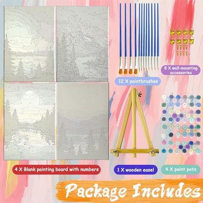 Paint by Numbers Kit for Adults Beginner, Landscape Canvas Painting Set | Complete Number Painting Kit 4 Pack, 8x12 inch Framed Canvases with Easel, Easy-to-follow, Beginner Painting Activity
