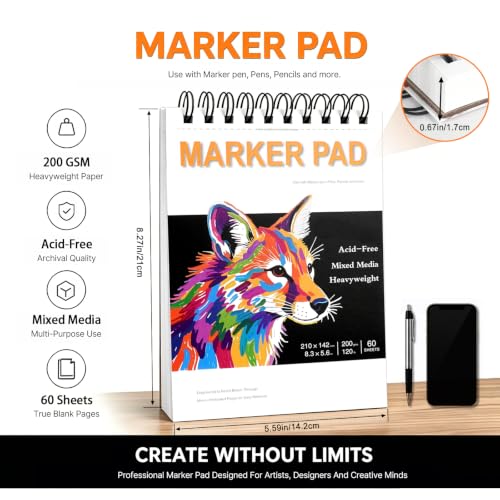 Marker Pad 8.3x5.5 Inch A5– 60 Sheets, 200gsm, Spiral Sketchbook | Bleed-Proof Drawing Paper for Alcohol Markers, Colored Pencils & Mixed Media | Acid-Free Art Pad for Artists & Adults - size: 8.3x5.5