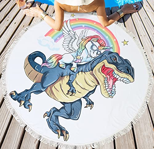 LIVILAN Round Dinosaur Rainbow Unicorn Beach Towel for Kids Boys Girls, 59 inches Large Microfiber Pool Yoga Picnic Circle Towels, Soft Cute Quick Dry Sand Proof Beach Blanket Gifts with Tassels - color: Round Dinosaur Beach Towel