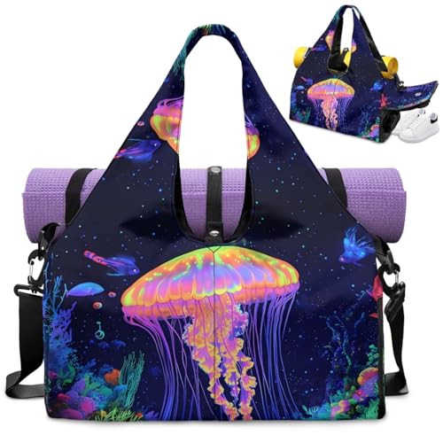 Yoga Mat Bag for Men Women Canvas Yoga Mat Carrier Take In Out Mat Easily for Beach Swim Bags Pool Sports Gym - color: Fluorescent Jellyfish